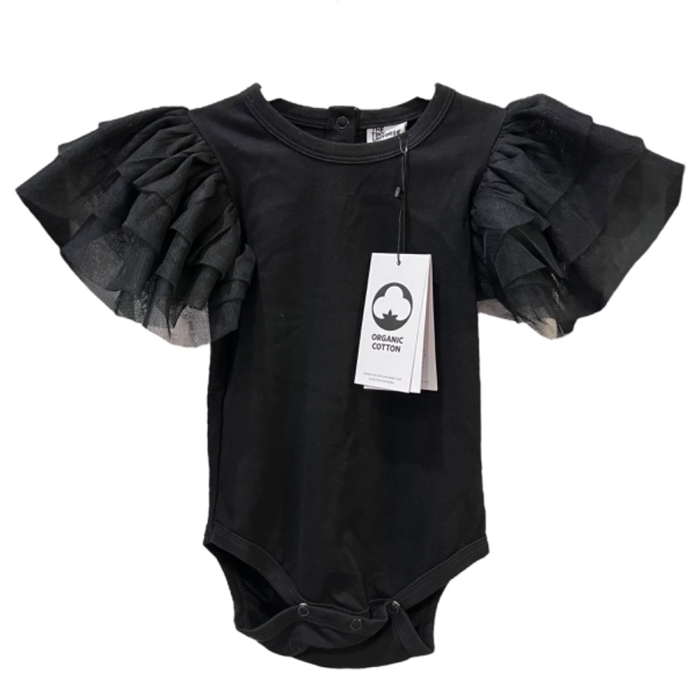 NWT The Tiny Universe Black Organic Bodysuit Tulle Ruffles 12 Months